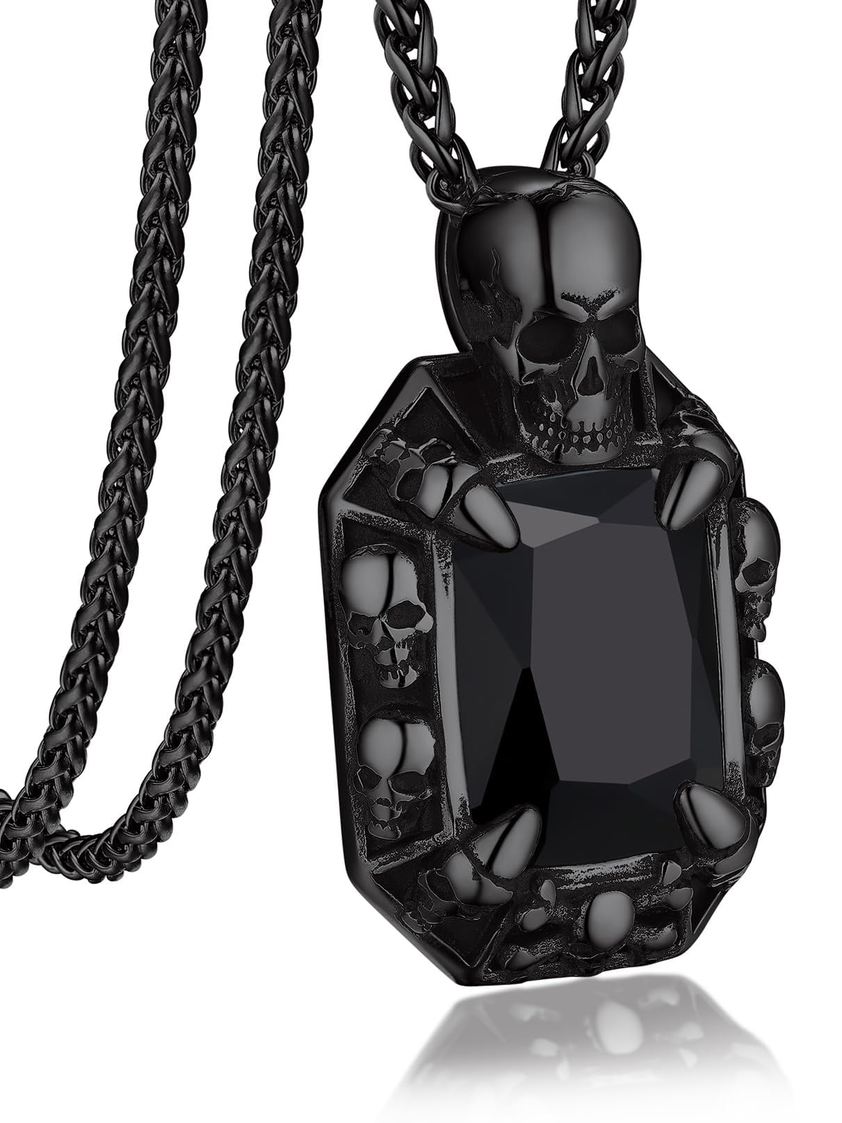 Bandmax Gothic Style Men Black Stainless Steel Necklace Skull Pendant for Men Women Black Onyx Pendant Biker Necklace Gift