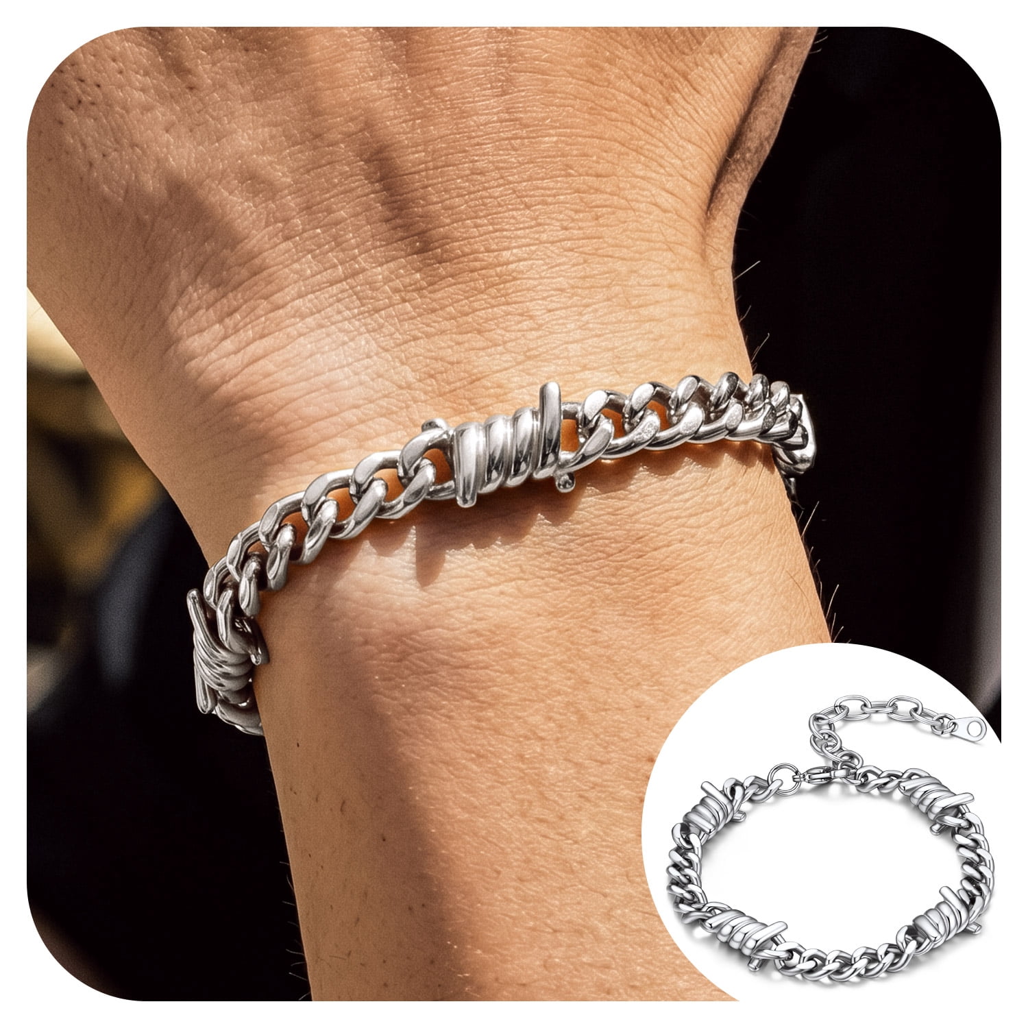 Bandmax 7MM Thorns Cuban Link Chain Bracelet for Men Dad Son Father's Day Graduation Gift Stainless Steel Curb Chain Bracelet for Women Punk Jewelry