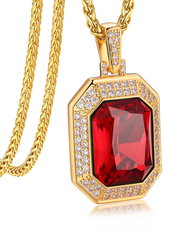 Hip Hop Biker 14K Gold Plated Necklace for Men Women Ruby Stone Pendant with Shining Cubic Zirconia Charm for Gift