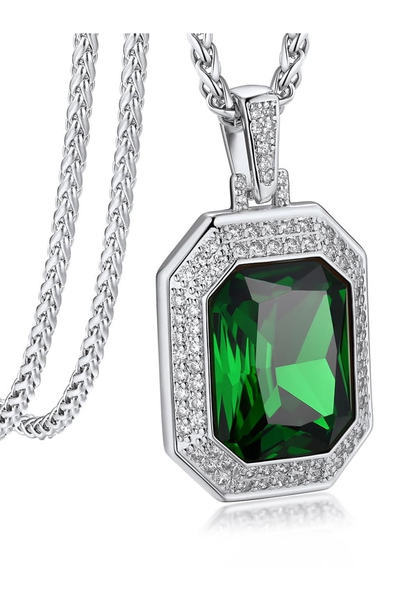 Hip Hop Biker Stainless Steel Necklace for Men Women Green Stone Pendant with Shining Cubic Zirconia Charm for Gift