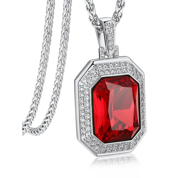 Bandmax Hip Hop Biker Stainless Steel Necklace for Men Women Ruby Stone Pendant with Shining Cubic Zirconia Charm for Gift