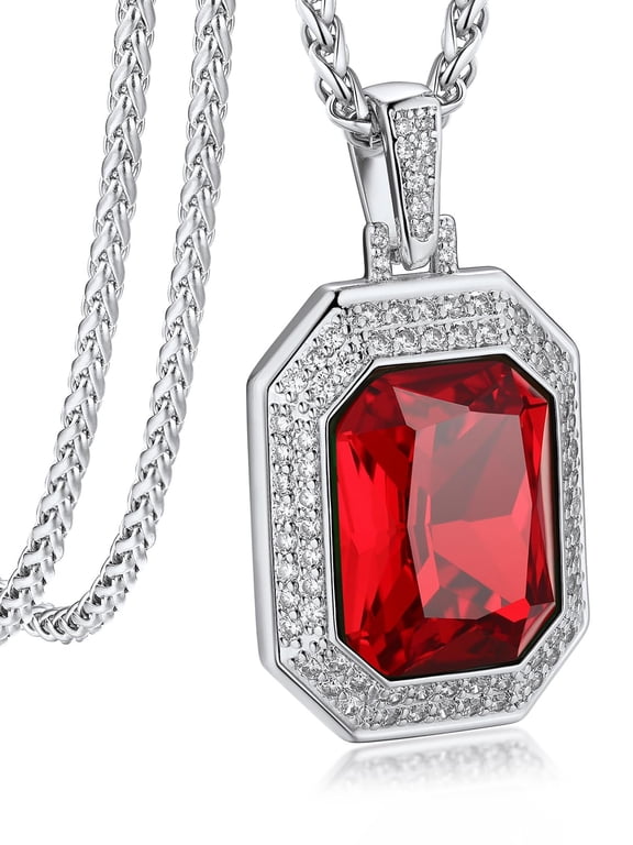 Hip Hop Biker Stainless Steel Necklace for Men Women Ruby Stone Pendant with Shining Cubic Zirconia Charm for Gift