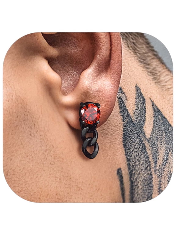 Hypoallergenic Stainless Steel Stud Earrings for Men Women Dropping Cuban Chain Earrings with Red Cubic Zirconia Goth Jewelry for Birthday Gift