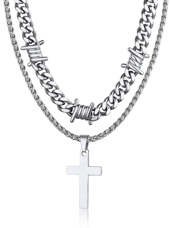 Layered Cross Pendant Necklace for Men Women Stainless Steel Barbed Wire Cuban Choker Thorns Chain Set Religious Christian Fathers Day Jewelry Gifts for Dad