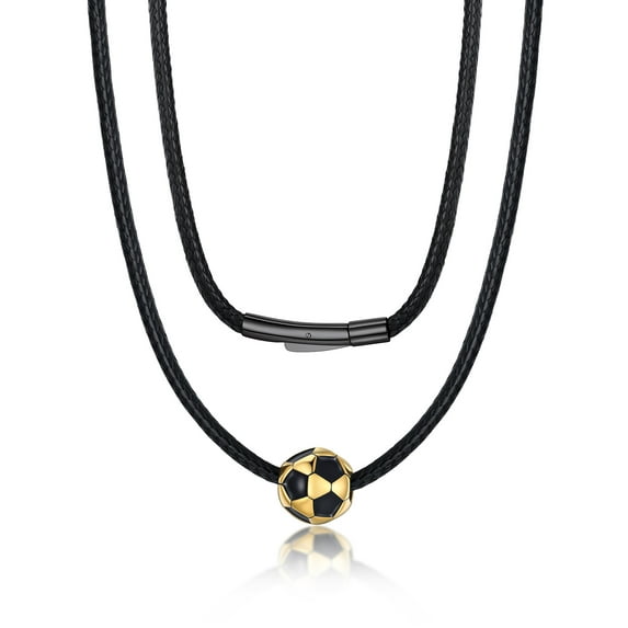 Bandmax Men's Soccer Pendant Necklace with Black Wax Rope 14K Gold Plated Sports 3D Ball Pendant Chain Jewelry Gift for Athlete Ball Fans Lovers