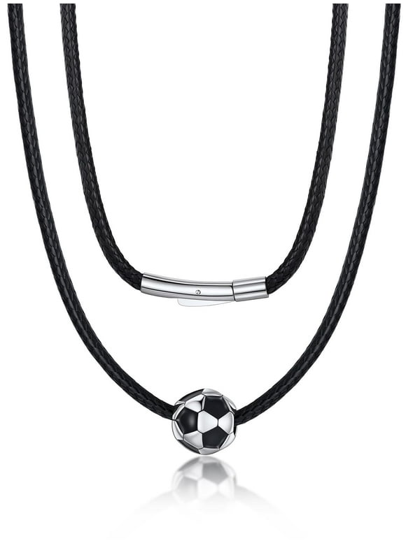 Men's Soccer Pendant Necklace with Black Wax Rope Sports 3D Ball Pendant Chain Jewelry Gift for Athlete Ball Fans Lovers