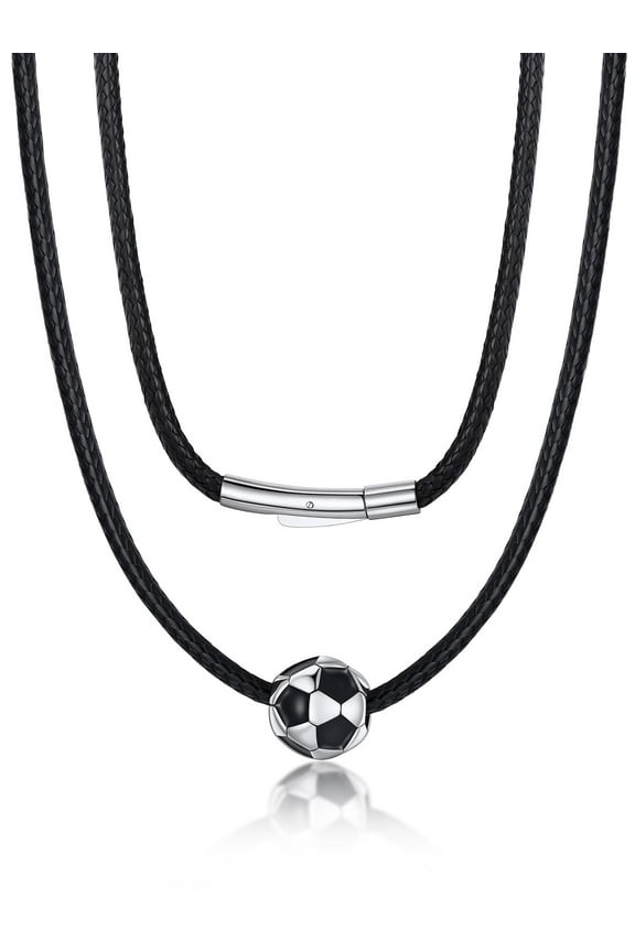 Men's Soccer Pendant Necklace with Black Wax Rope Sports 3D Ball Pendant Chain Jewelry Gift for Athlete Ball Fans Lovers