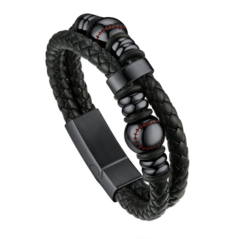 Bandmax Men's Stainless Steel Baseball Beaded Bracelet Double Leather Braided Bracelet Cool Black Wristband with Baseball Bead Charm for Men Boyfriend Husband Father Son