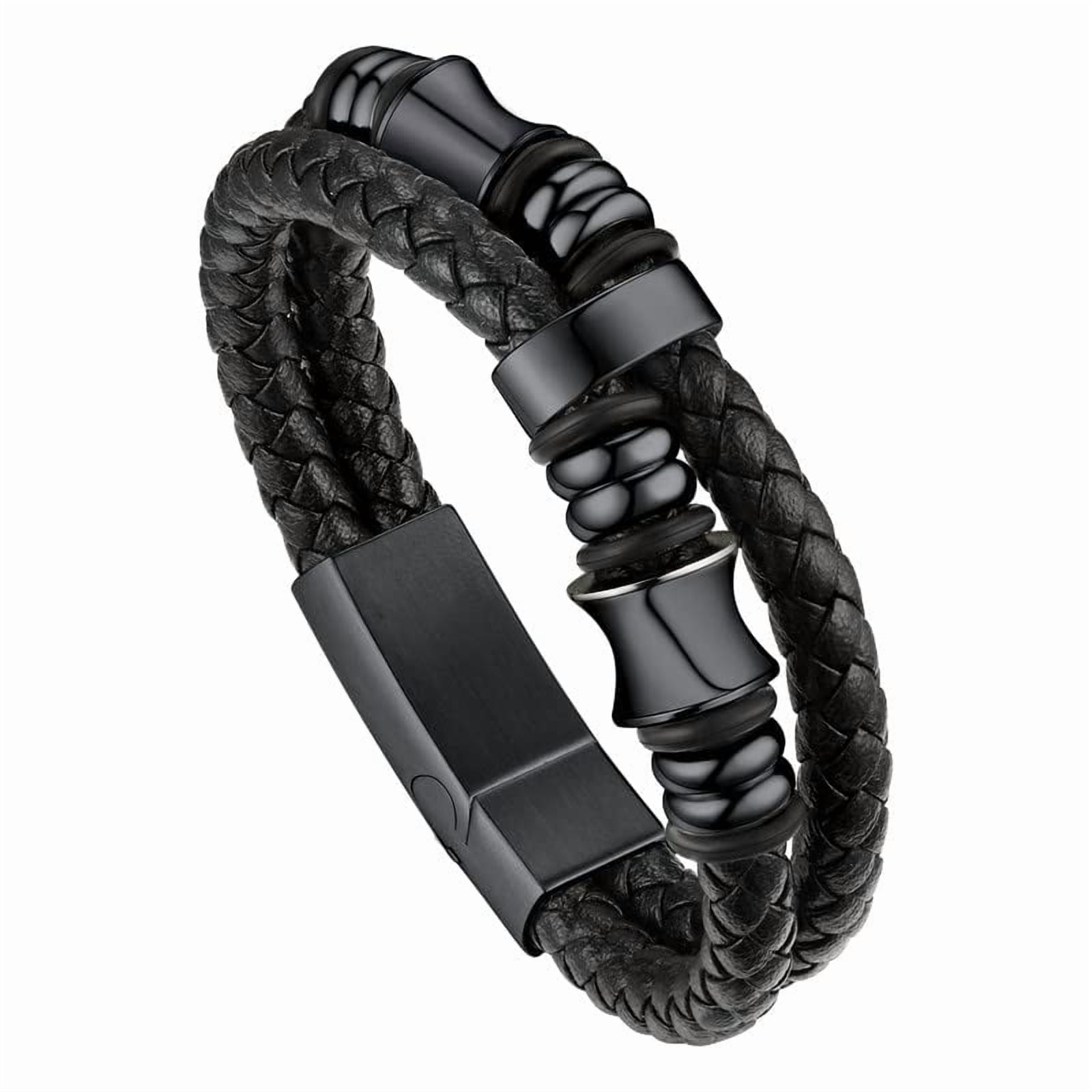 Bandmax Men's Stainless Steel Beaded Bracelet Double Leather Braided Bracelet Cool Black Wristband with Bead Charm for Men Boyfriend Husband Father Son