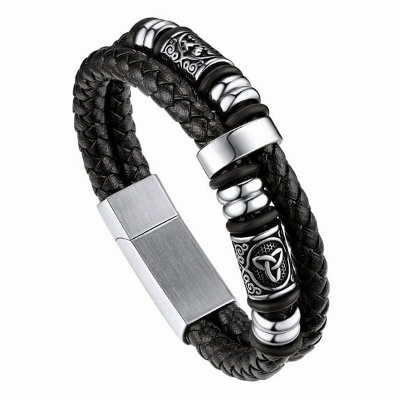 Bandmax Men's Stainless Steel Beaded Celtic Knot Bracelet Double Layer Leather Braided Bracelet Nordic Wristband with Bead Charm for Men‘s Gift