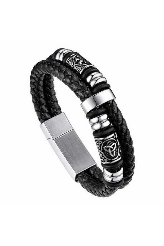 Men's Stainless Steel Beaded Celtic Knot Bracelet Double Layer Leather Braided Bracelet Nordic Wristband with Bead Charm for Men‘s Gift