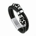 thumbnail image 1 of Bandmax Men's Stainless Steel Football Beaded Bracelet Double Leather Braided Bracelet Cool Black Wristband with Football Bead Charm for Men Boyfriend Husband Father Son, 1 of 9