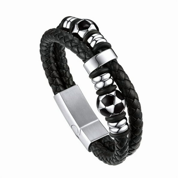Bandmax Men's Stainless Steel Football Beaded Bracelet Double Leather Braided Bracelet Cool Black Wristband with Football Bead Charm for Men Boyfriend Husband Father Son