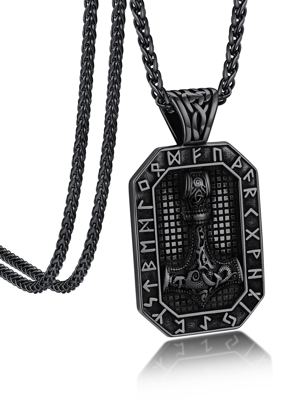 Bandmax Mens Black Nordic Dog Tag Pendant Necklace with Viking Runes Stainless Steel Thors Hammer Necklaces Chain Gift for Men