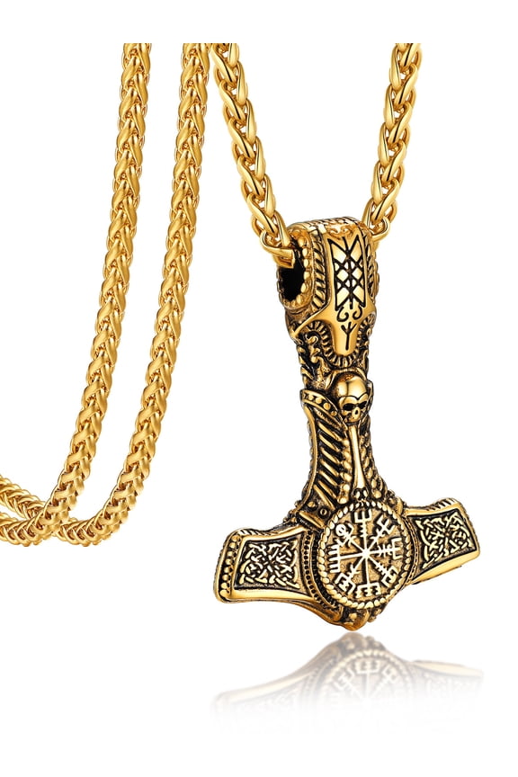 Mens Black Thor Hammer Pendant with Compass Design Necklace 14K Gold Plated Mjolnir Thors Viking Nordic Pendant Chain for Men Gift