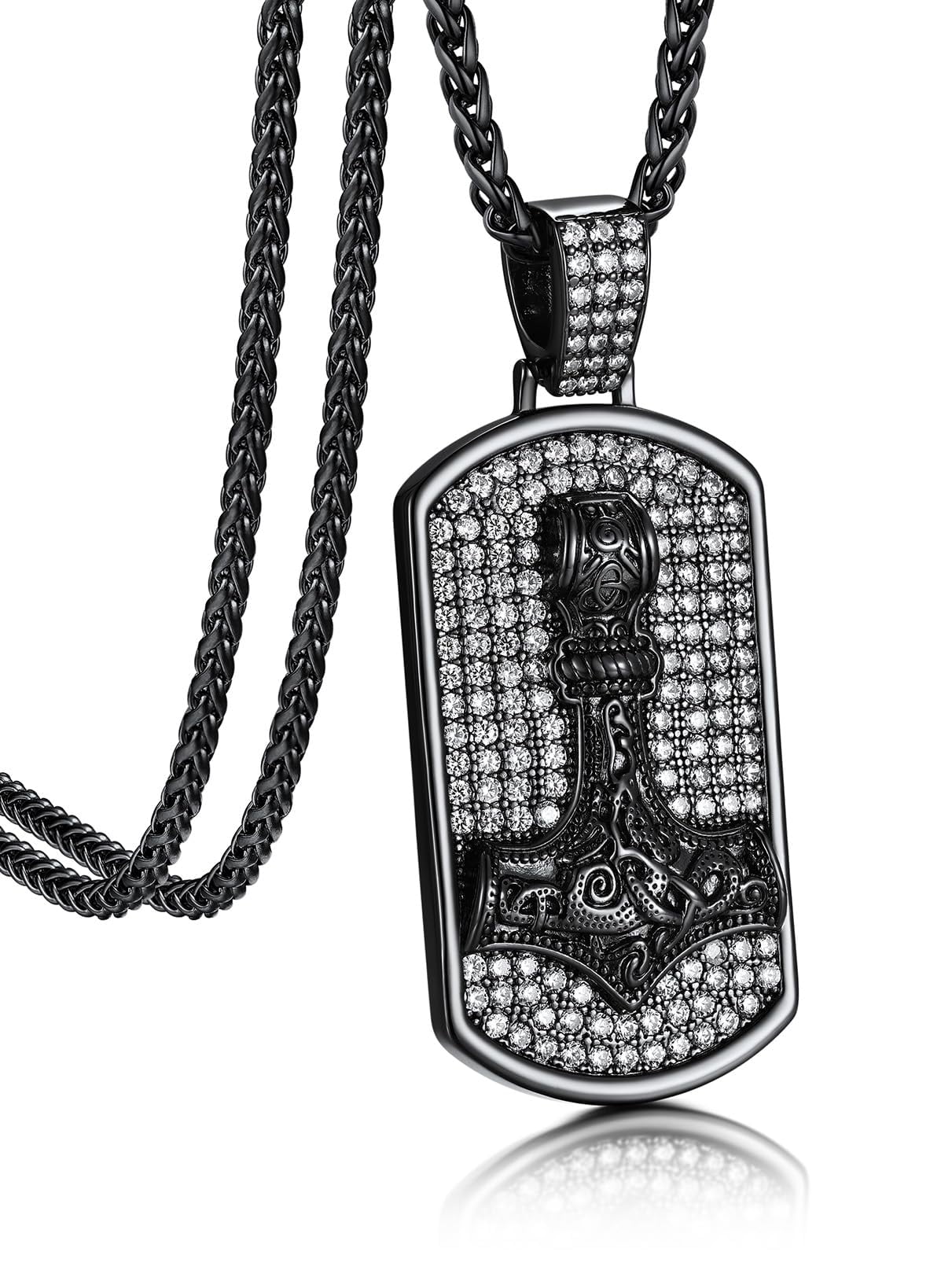 Bandmax Mens Thor Hammer Pendant with Shining Cubic Zirconia Necklace Black Viking Nordic Dog Tag Pendant Chain for Men Gift