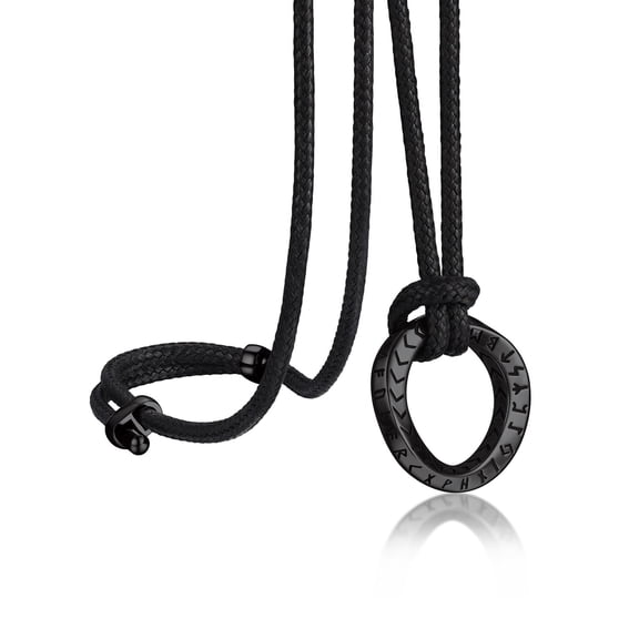 Bandmax Mobius Round Black Pendant Necklace for Men Women Viking Runes Design Adjustable Leather Rope Chain for Protection Amulet Gift