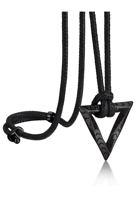 Mobius Triangle Black Pendant Necklace for Men Women Viking Runes Design Adjustable Leather Rope Chain for Protection Amulet Gift
