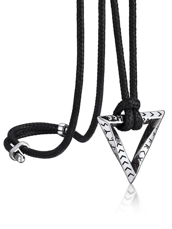 Mobius Triangle Pendant Necklace for Men Women Viking Runes Design Adjustable Leather Rope Chain for Protection Amulet Gift