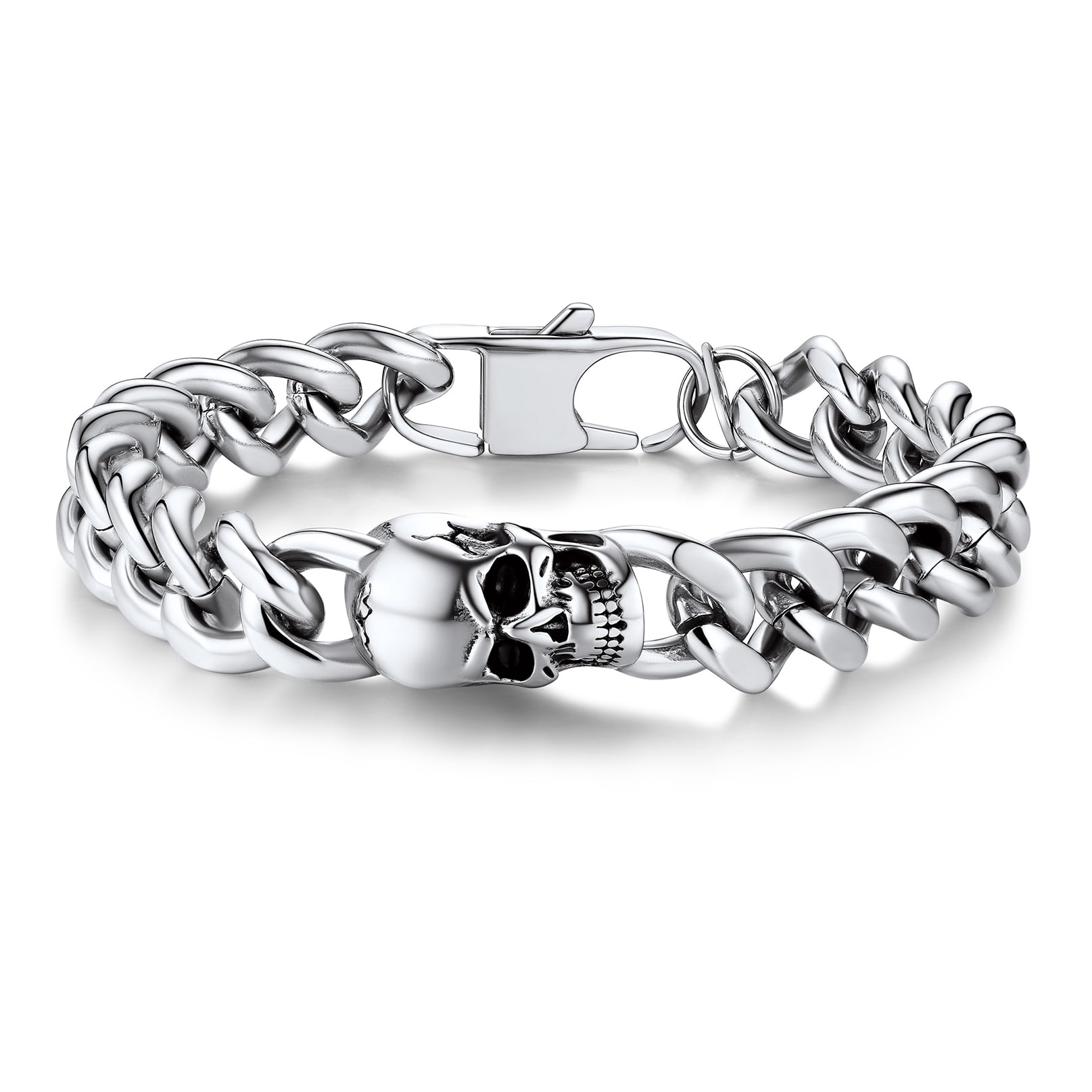 Bandmax Skull Bracelets for Men Women 316L Stainless Steel Cuban Link Chain Bracelet with Skull Charm Gothic Punk Biker Bracelet Jewelry Gift for Son Grandson Husband