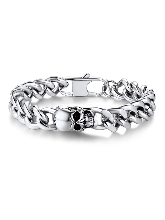Skull Bracelets for Men Women 316L Stainless Steel Cuban Link Chain Bracelet with Skull Charm Gothic Punk Biker Bracelet Jewelry for Halloween Gift