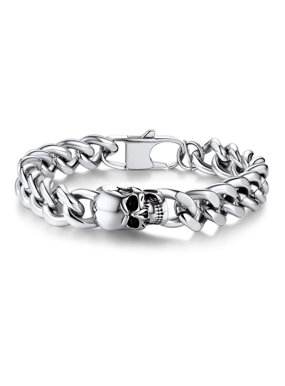 Skull Bracelets for Men Women 316L Stainless Steel Cuban Link Chain Bracelet with Skull Charm Gothic Punk Biker Bracelet Jewelry for Halloween Gift