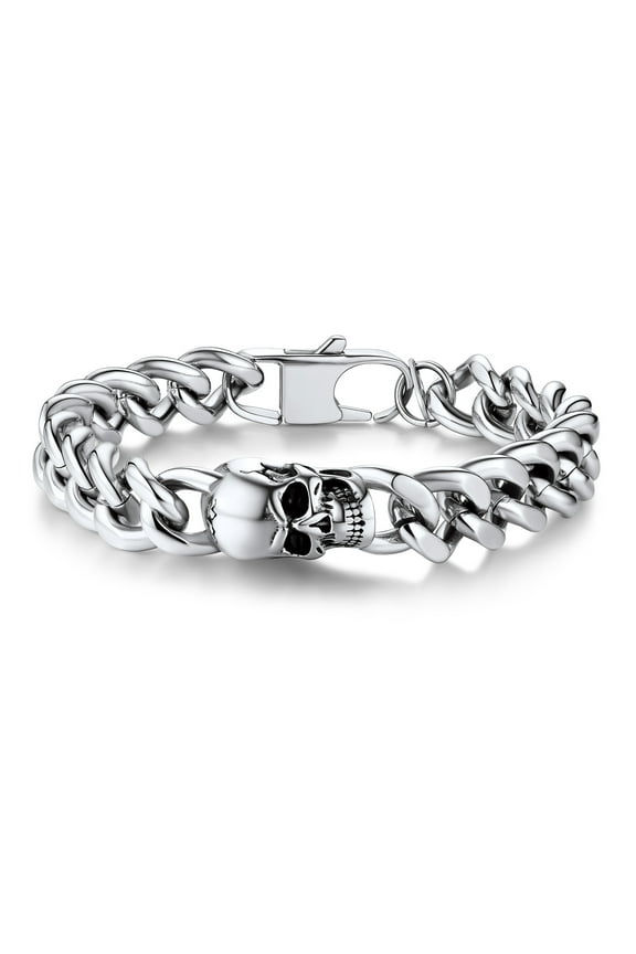 Skull Bracelets for Men Women 316L Stainless Steel Link Chain Bracelet with Skull Charm Gothic Punk Biker Bracelet Jewelry for Halloween Gift