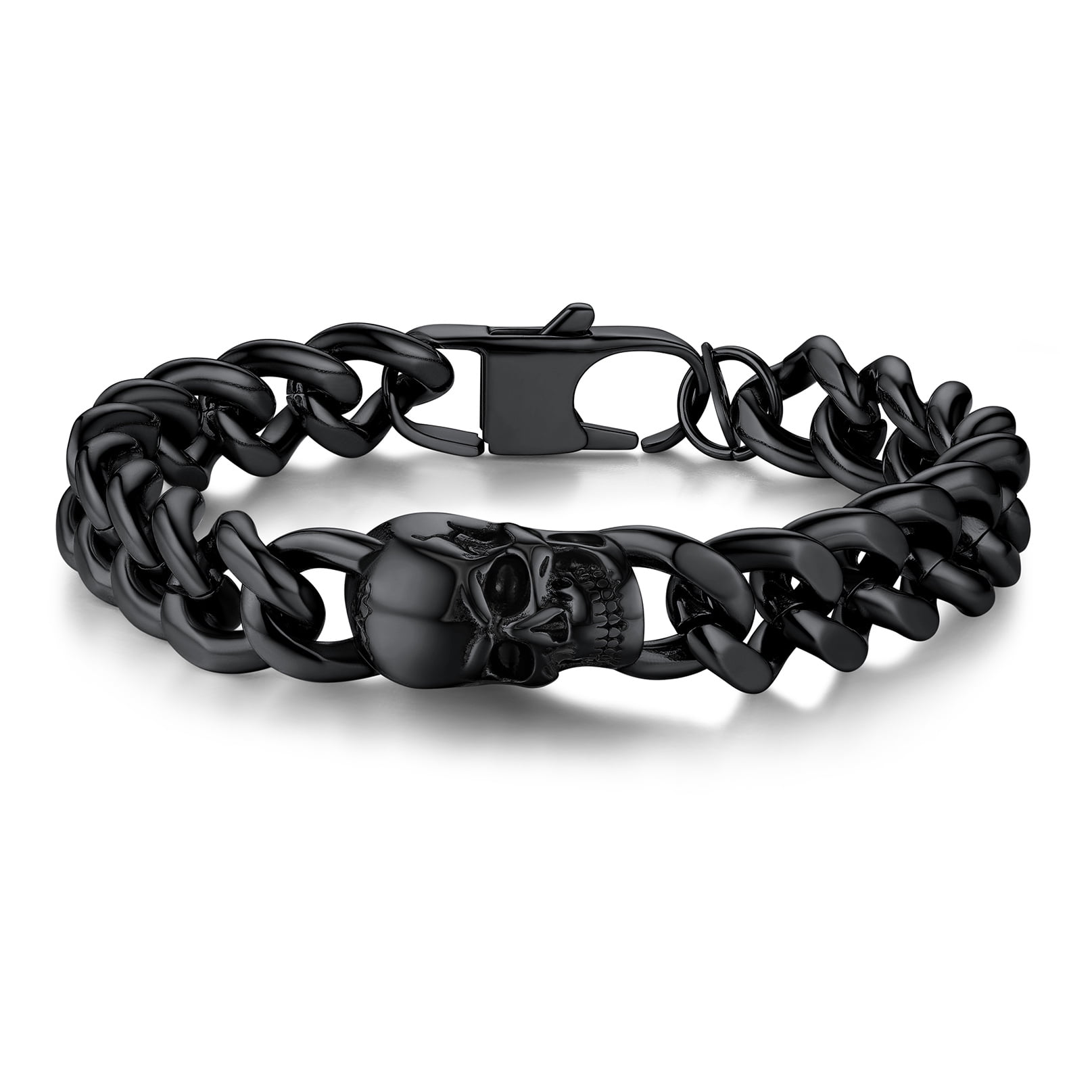 Bandmax Skull Bracelets for Men Women Black Link Chain Bracelet with Skull Charm Gothic Punk Biker Bracelet Jewelry for Halloween Birthday Valentine's Day Gift