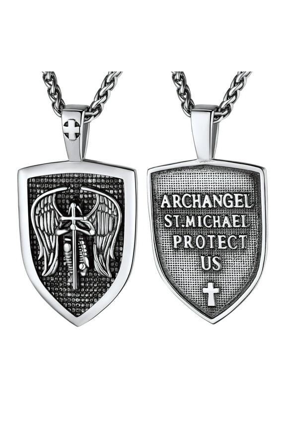 Stainless Steel St Michael Shield Pendant Necklace for Men Women Archangel Protection Amulet Charm Faith Jewelry Gift for Christian
