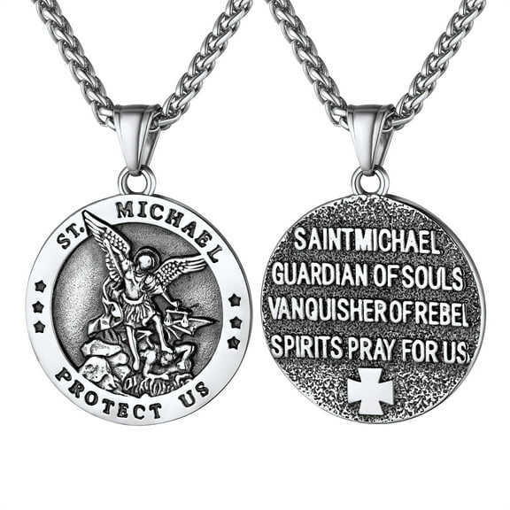 Bandmax Stainless Steel The Archangel Saint Michael Medallion Pendant Necklace for Men Women Round Charm Necklace for Christian Prayer