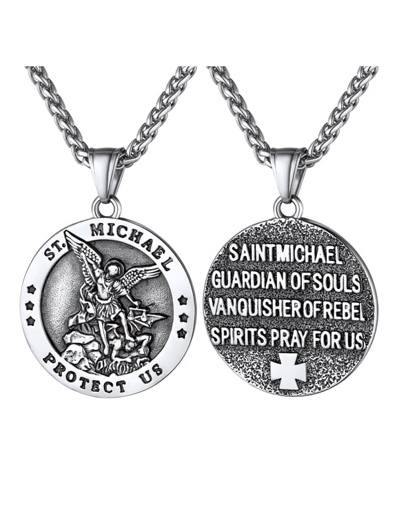 Stainless Steel The Archangel Saint Michael Medallion Pendant Necklace for Men Women Round Charm Necklace for Christian Prayer Father Day
