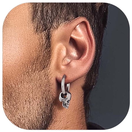 Stainless Steel Unisex Skull Huggie Earrings Retro Vintage Skull Head Hinged Hoop Earrings Gothic Skeleton Ear Jewelry for Halloween