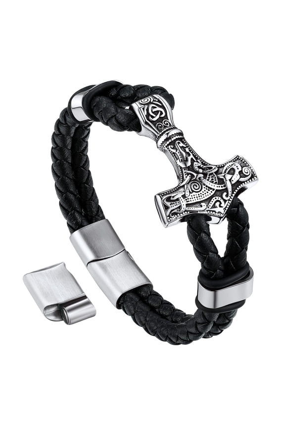 Viking Black Leather Bracelet for Men Wristband with Thor's Hammer Nordic Mjolnir Pendant Cuff Bracelet with Adjustable Buckle Birthday Father Day Gift for Dad Son Husband Grandpa