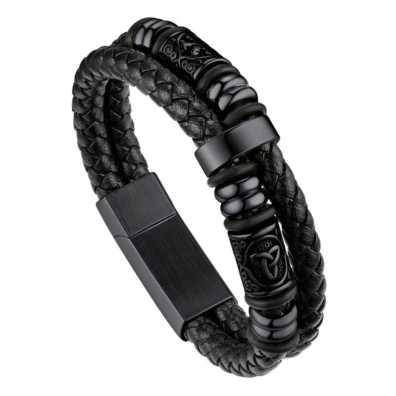 Braided Leather Bracelet With Magnetic Buckle - Rope Chain Cuff For Women & Men, Black