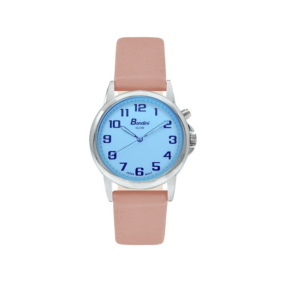 Bandni Womens Glow Watch - Leather Quick Release Band - 28mm Analog Women's Easy to Read Watch with Light, Light Up Watches, Quartz, White Dial, Big Numbers, Glow in Dark Hands - Silver Tone / Pink