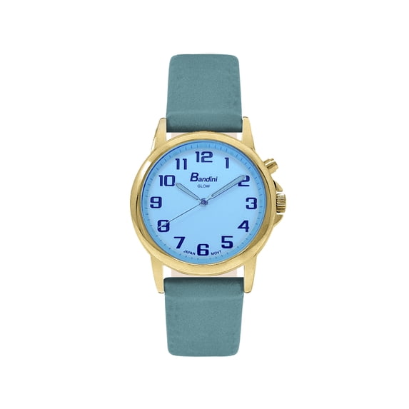 Bandni Womens Glow Watch - Leather Quick Release Band - 28mm Analog Women's Easy to Read Watch with Light, Light Up Watches, Quartz, White Dial, Big Numbers, Glow in Dark Hands - Gold Tone / Baby Blue