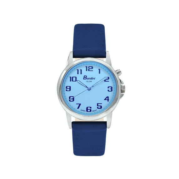 Bandni Womens Glow Watch - Leather Quick Release Band - 28mm Analog Women's Easy to Read Watch with Light, Light Up Watches, Quartz, White Dial, Big Numbers, Glow in Dark Hands - Silver Tone / Blue