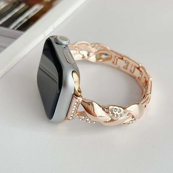 Bands for Apple Watch 42(Series 1/2/3)/44/45/46/49mm, Fashion Women Girls Slim Metal Strap Dressy Jewelry Bracelet with Bling Diamond for iWatch Series 10 9 8 7 6 5 4 3 2 1 SE Ultra, Rosegold