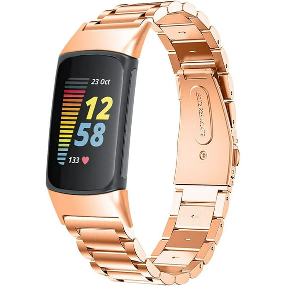 Bands Compatible with Fitbit Charge 6/Charge 5 Metal Stainless Steel WatchBand-Replacement Classic Durable Solid Link Accessory Buckle Metal Strap Wrist Band for Charge 6/Charge 5 Fitness Tracker