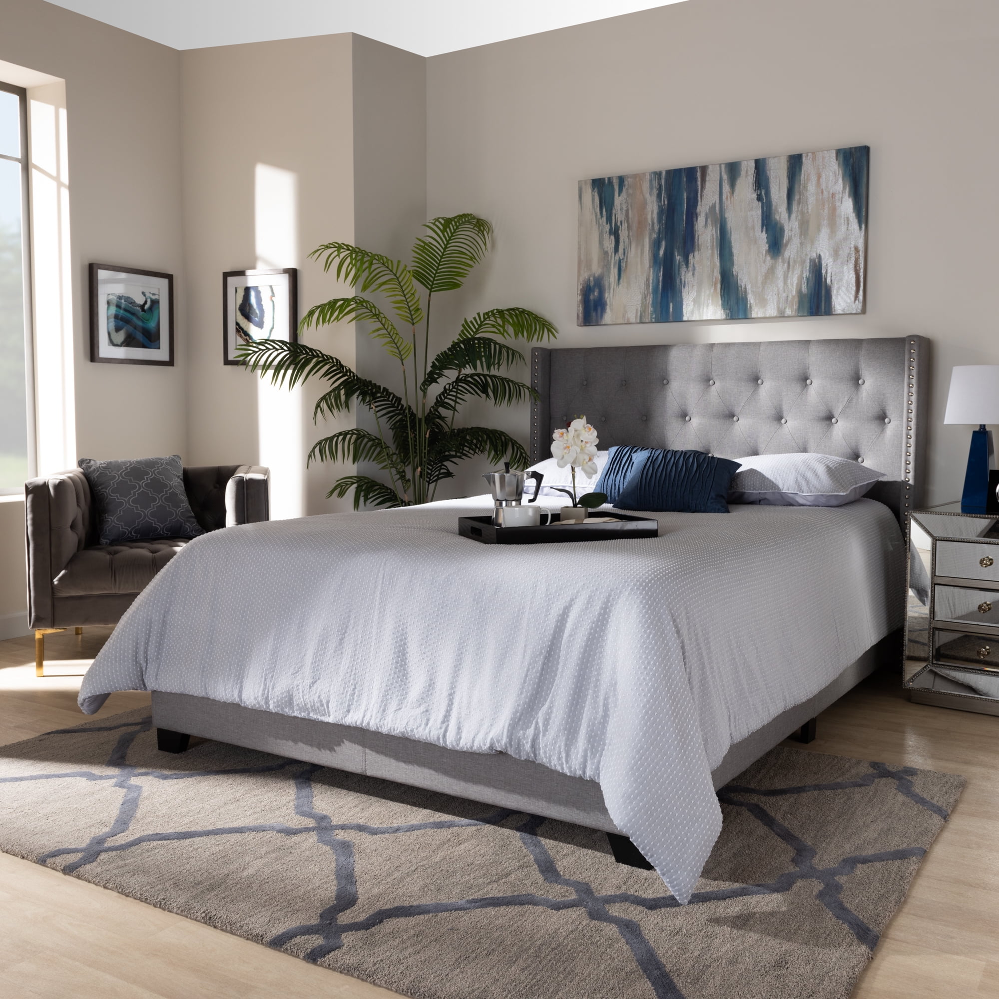 Bane Modern and Contemporary Light Grey Fabric Upholstered Queen Size Bed by Ember Interiors