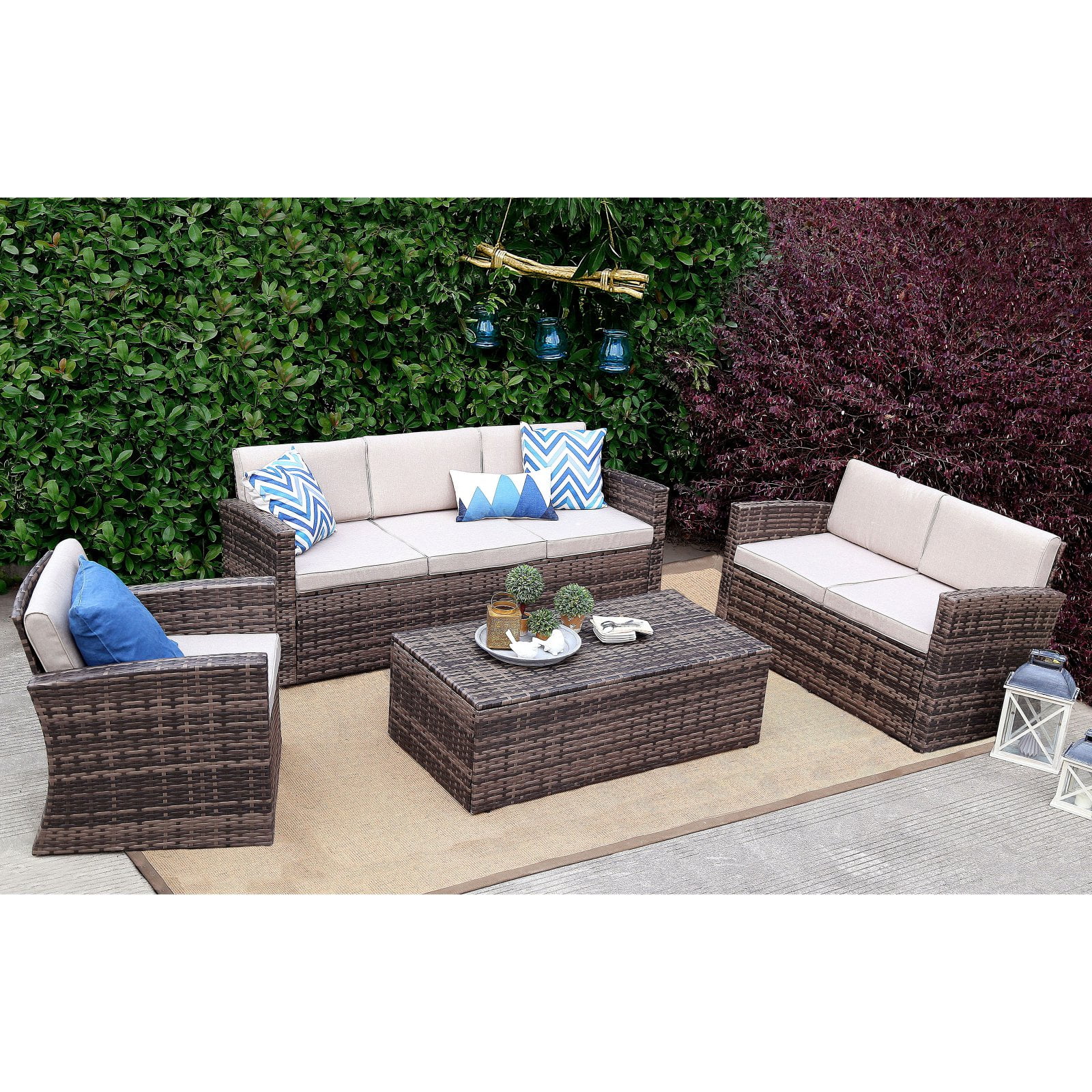 Baner Garden 300 lbs Outdoor Full Sofa Coffee Table Rattan Pool Patio Garden Set 4 Piece