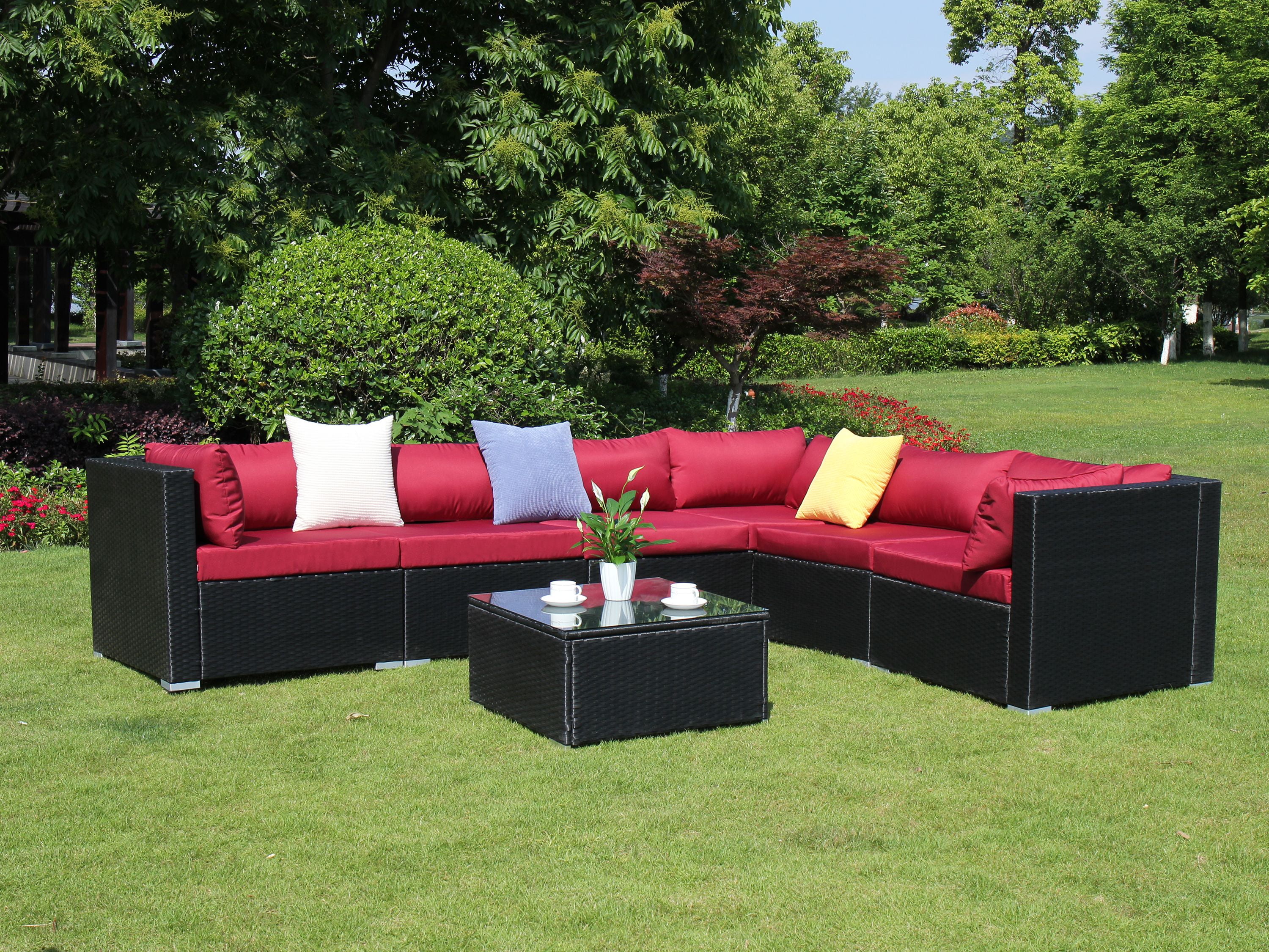 Baner Garden CH92 Complete 7 Piece PE Black Wicker Rattan Pool Patio Garden Sectional Set with