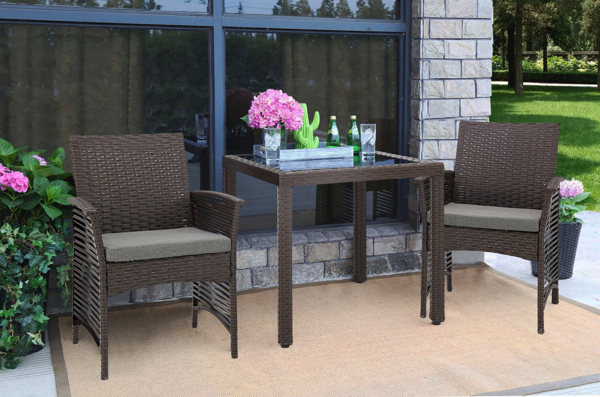 Baner Garden H13CH 3 Pieces Outdoor Patio Backyard Steel Frame Sofa Set Rattan Furniture Two