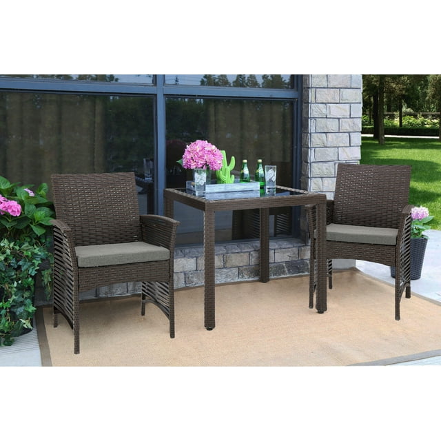 Baner Garden H13CH 3 Pieces Outdoor Patio Backyard Steel Frame Sofa Set Rattan Furniture Two Chairs and One Square Table with Cushions, Chocolate