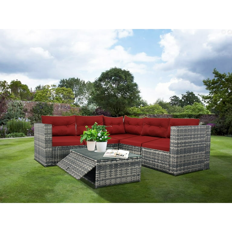 Baner Garden K35 HH CST R 4 Piece Mixed Gray Rattan Outdoor Furniture Set with All Weather Deep Seating Red Cushions Walmart