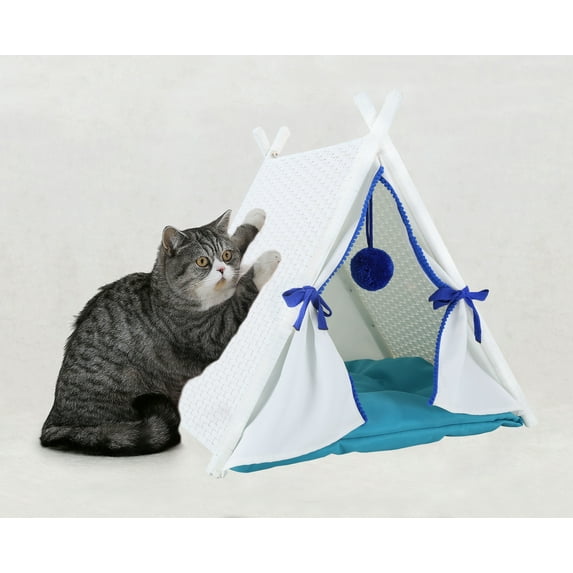 Baner Garden P516 Cat Small Dog House Tower Rattan Wicker Portable Furniture Tent Playpen with Soft Cushion, White Rattan and Blue Cushion