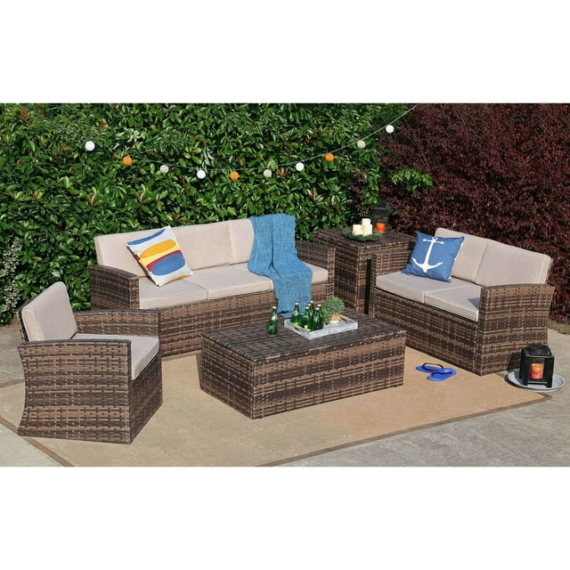 Baner Garden Rattan 5 Piece Outdoor Conversation Set with Cushions