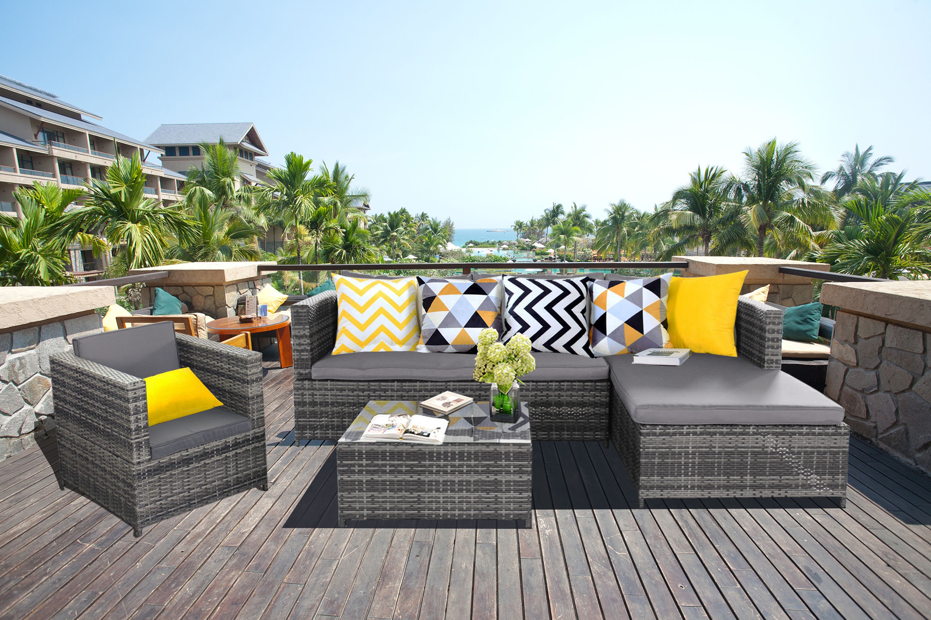 Baner Garden SJ-14067 Complete 4 Piece PE Wicker Rattan Pool Patio Garden Chaise Lounge Set with Cushions, Grey - image 1 of 7