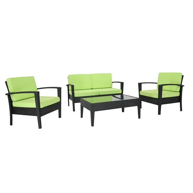 Baner Garden Wicker 4 Piece Black Patio Conversation Set with Green Cushions