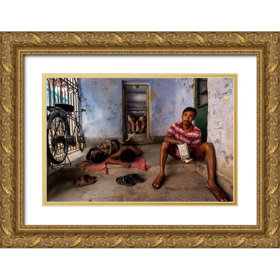 Banerjee, Souvik 24x17 Gold Ornate Wood Framed with Double Matting Museum Art Print Titled - Break During Idol Preparation